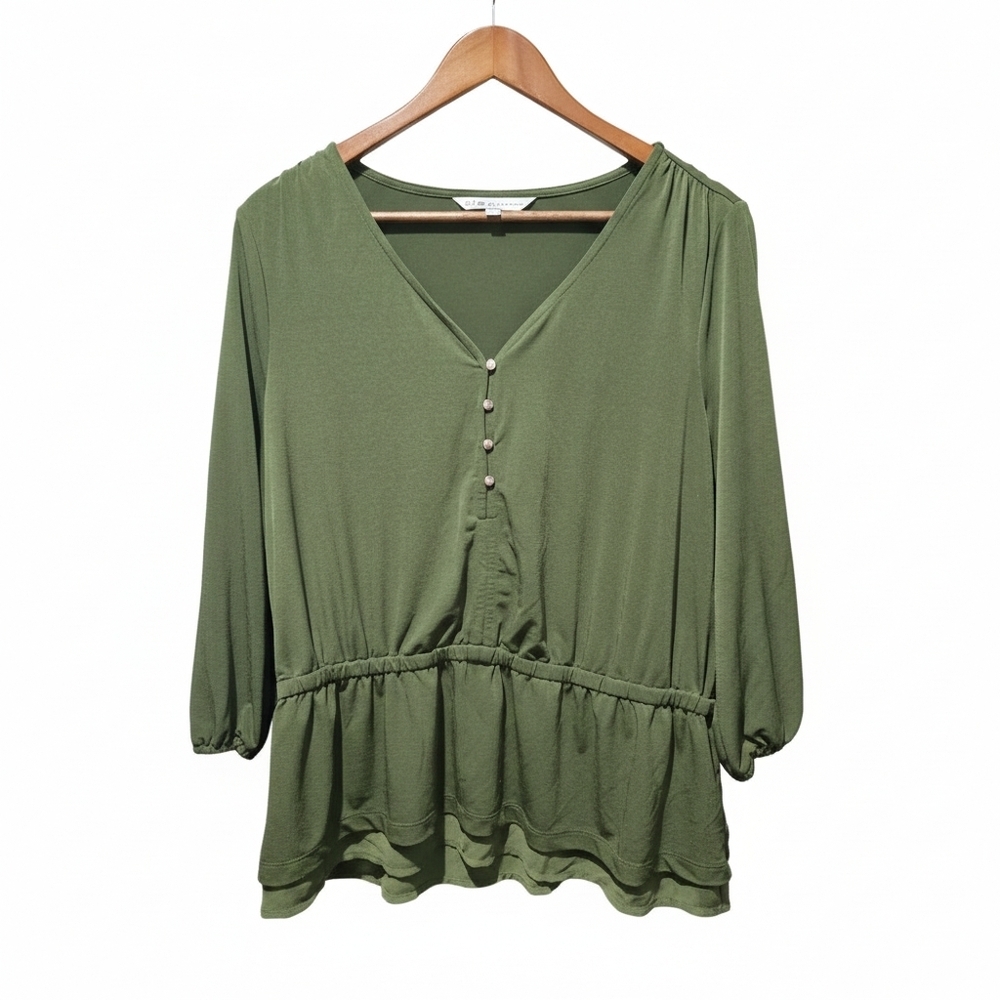 Cleo Forest Green Women's Blouse Button Detail Peplum Size Large Petite - Picture 2 of 8
